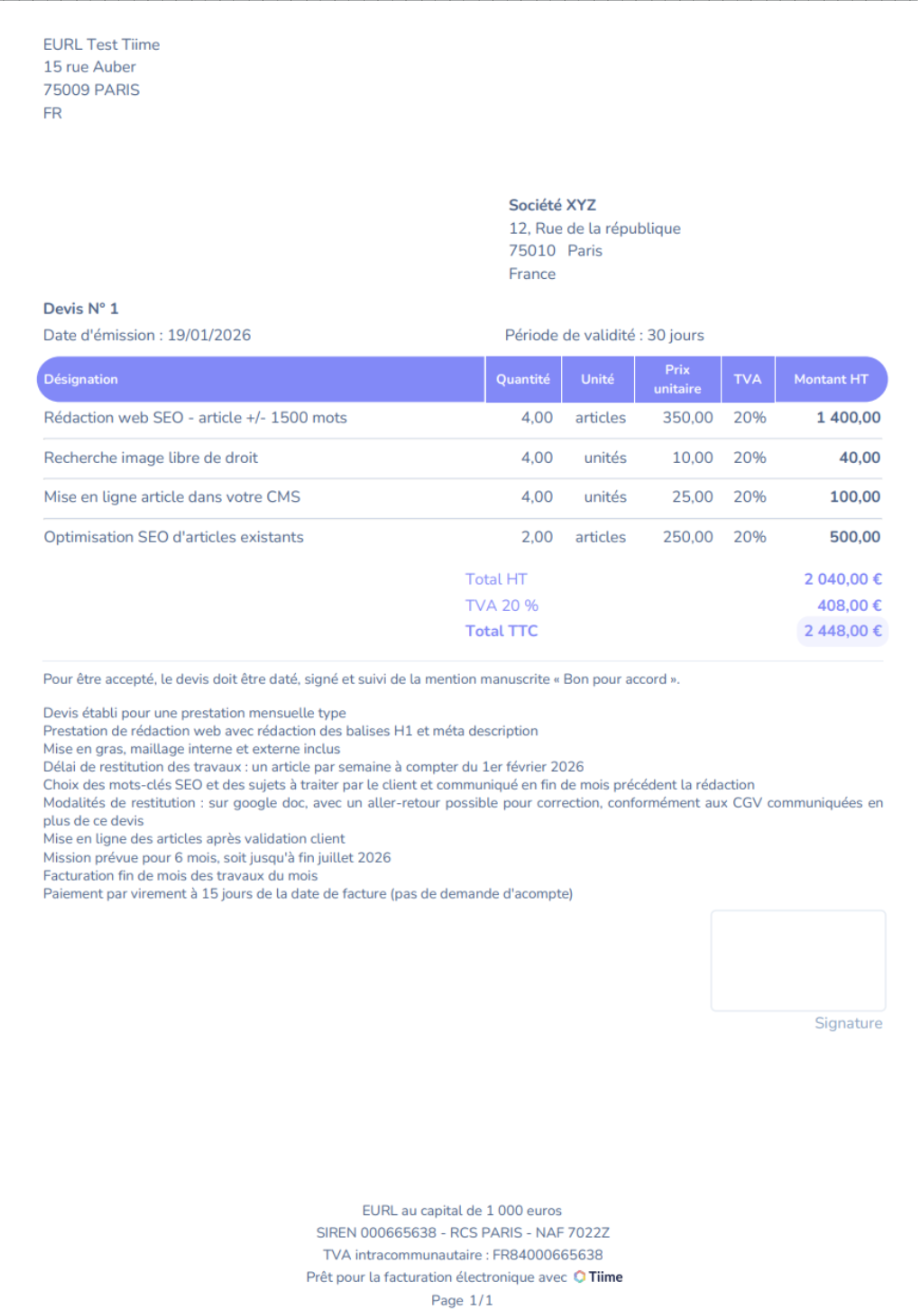 EXEMPLE DE DEVIS DE RÉDACTEUR WEB