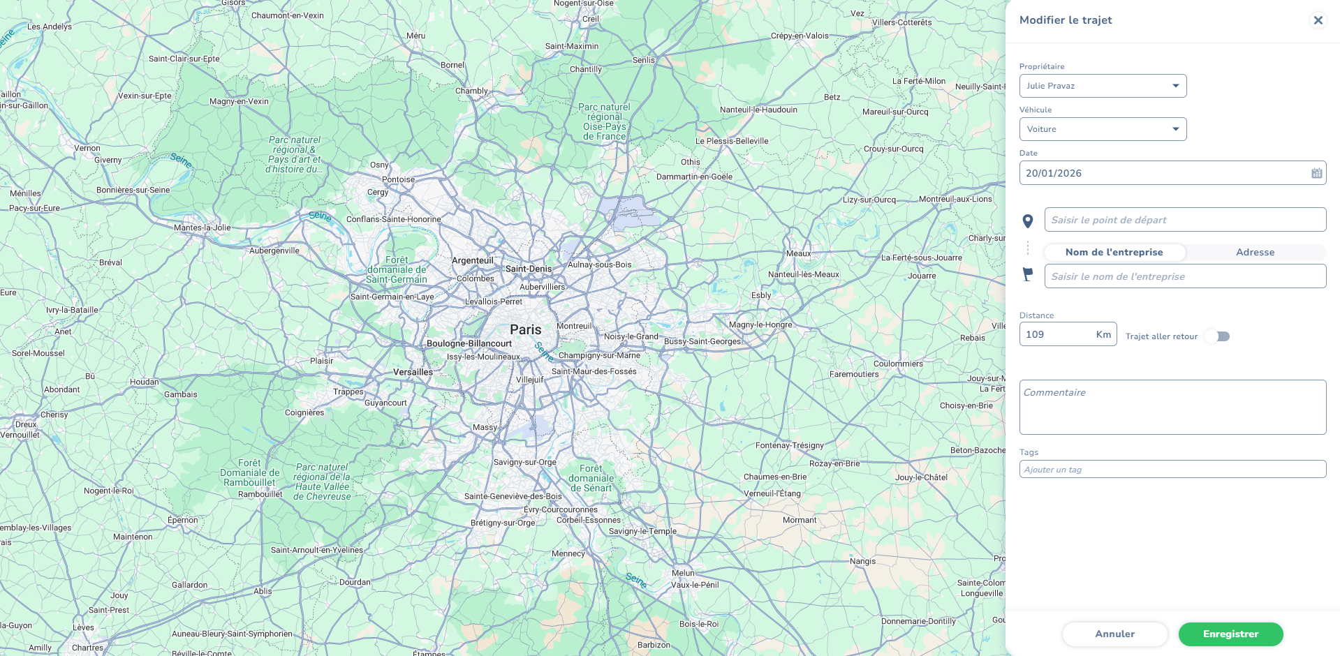 Trajet indemnités kilométriques Tiime