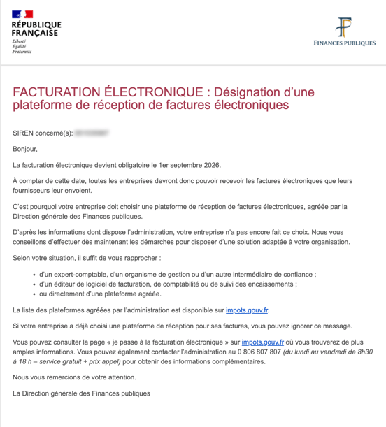 La DGFIP relance par mail des entrepreneurs n'ayant pas de plateforme agréée