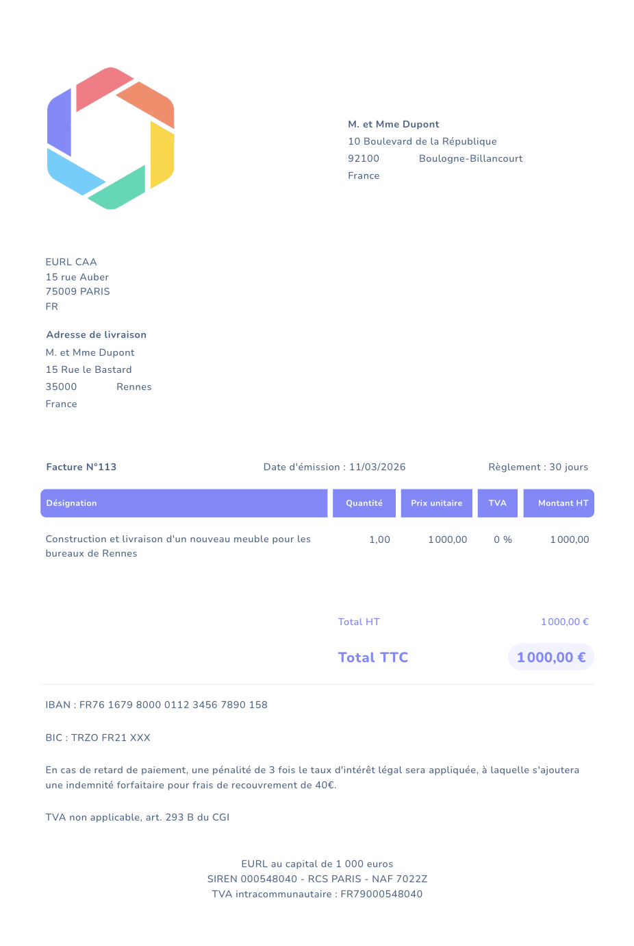 Exemple de facturation de prestation de service 